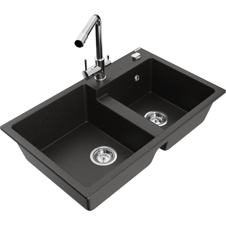 Mexen Tomas fregadero de granitode 2 cámaras con grifo de cocina Duero, negro/dorado metálico - 6516-75-671600-00