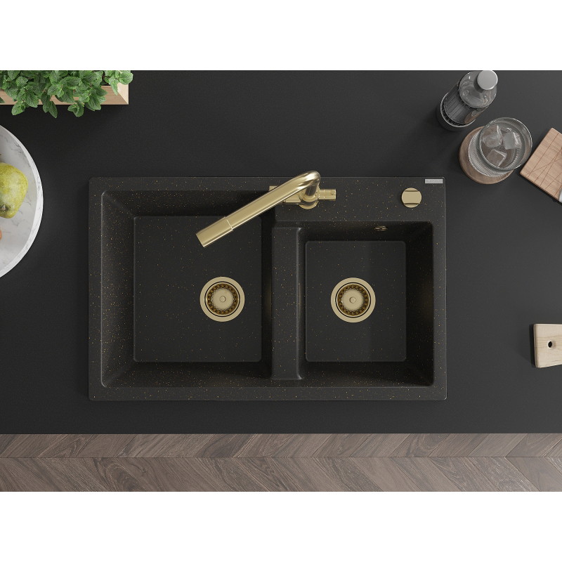 Mexen Tomas granitische dubbele gootsteen met keukenkraan Duero, zwart/goud metallic - 6516-75-671600-50