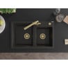 Mexen Tomas 2-bowl granite sink with Duero kitchen tap, black/gold metallic - 6516-75-671600-50