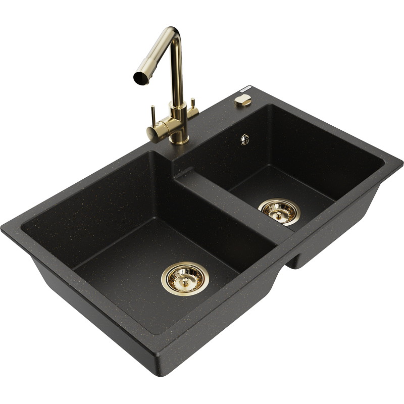 Mexen Tomas fregadero de granito de 2 compartimentos con grifo de cocina Duero, negro/oro metálico - 6516-75-671600-50