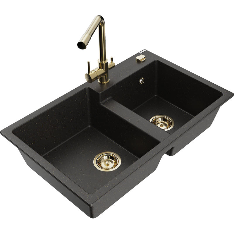 Mexen Tomas granitdiskho med 2 fackar och köksblandare Duero, svart/guld metallic - 6516-75-671600-50