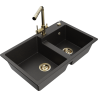 Mexen Tomas granieten gootsteen met 2 kamers en keukenmengkraan Duero, zwart/goud metallic - 6516-75-671600-50