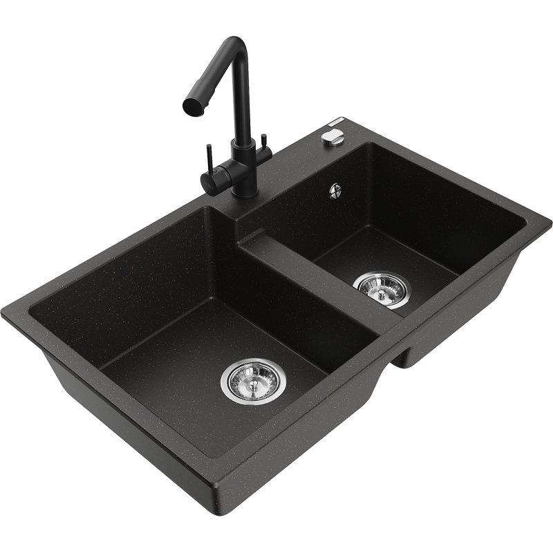 Mexen Tomas fregadero de granito de 2 senos con grifo de cocina Duero, negro/dorado metálico - 6516-75-671600-70