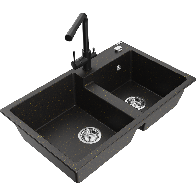 Mexen Tomas Granitspüle 2-Kammer mit Küchenarmatur Duero, schwarz/gold metallic - 6516-75-671600-70