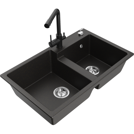 Mexen Tomas granite sink 2-bowl with Duero kitchen tap, black/gold metallic - 6516-75-671600-70