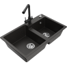 Mexen Tomas granite sink 2-bowl with Duero kitchen tap, black/gold metallic - 6516-75-671600-70
