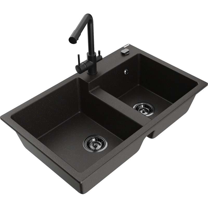 Mexen Tomas fregadero de granito de 2 compartimentos con grifo de cocina Duero, negro/oro metálico - 6516-75-671600-70-B