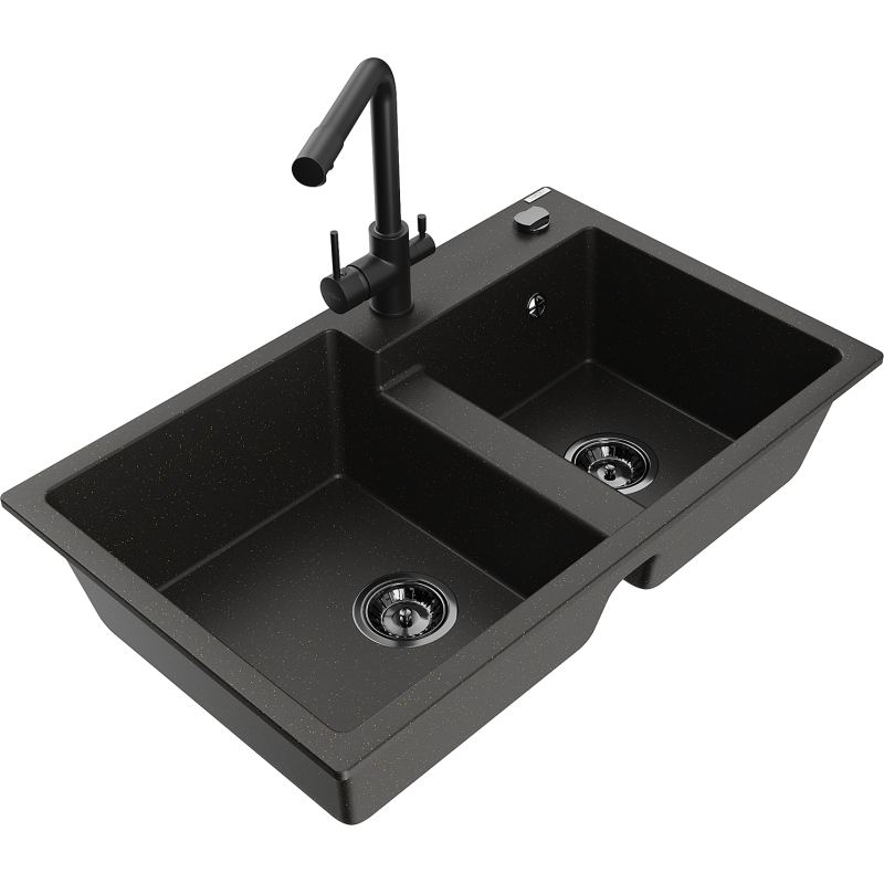 Mexen Tomas Granite 2-Bowl Sink with Duero Kitchen Tap, Black/Gold Metallic - 6516-75-671600-70-B