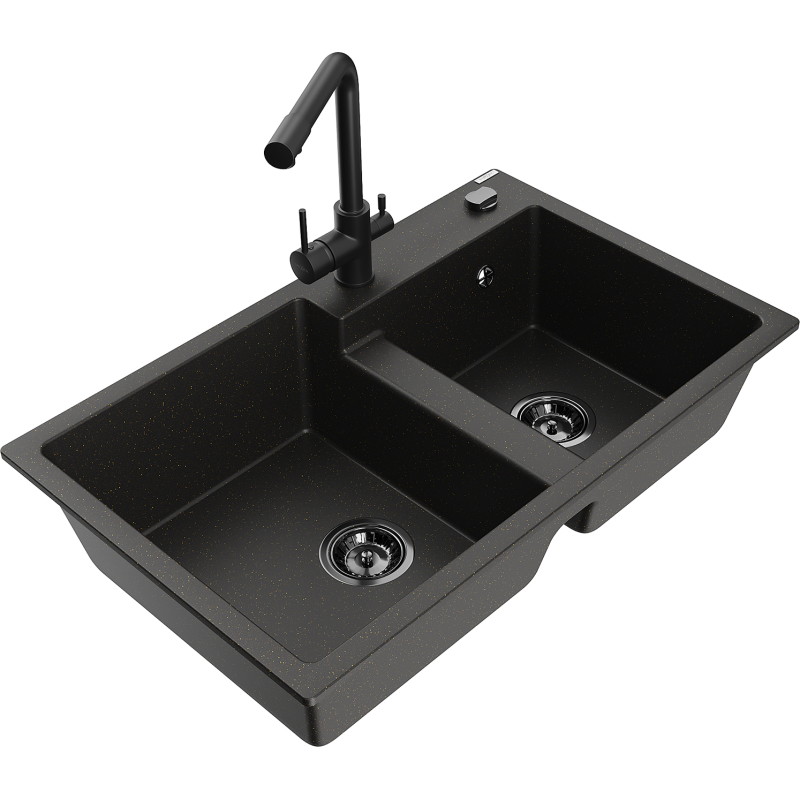 Mexen Tomas Granitspüle 2-Kammern mit Küchenarmatur Duero, schwarz/gold metallic - 6516-75-671600-70-B