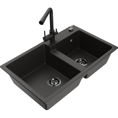 Mexen Tomas Granite 2-Bowl Sink with Duero Kitchen Tap, Black/Gold Metallic - 6516-75-671600-70-B