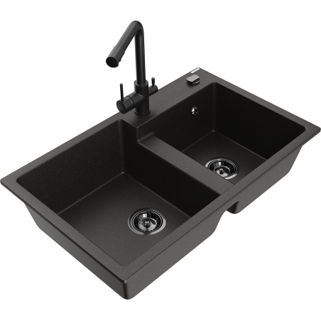 Mexen Tomas Granitspüle 2-Kammern mit Küchenarmatur Duero, schwarz/gold metallisch - 6516-75-671600-70-B