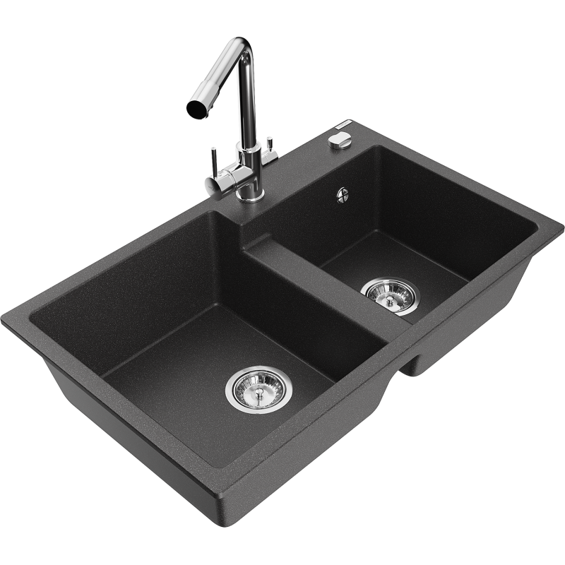 Mexen Tomas 2-bowl granite sink with Duero kitchen tap, black speckled - 6516-76-671600-00