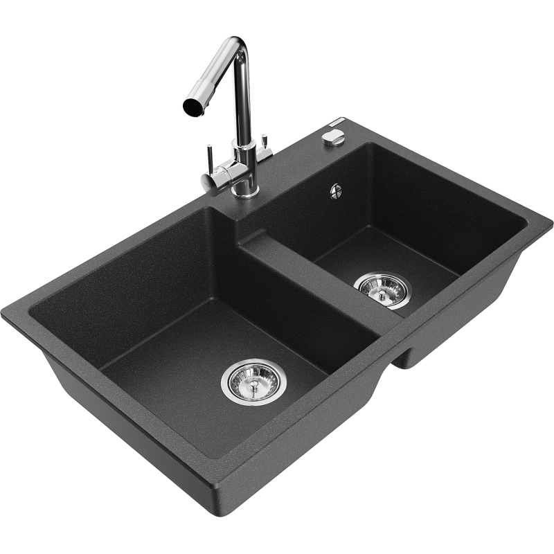 Mexen Tomas fregadero de granito de 2 compartimentos con grifo de cocina Duero, negro moteado - 6516-76-671600-00