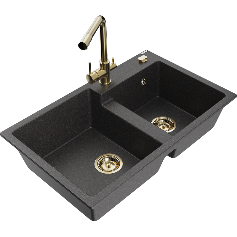 Mexen Tomas granite double-bowl sink with Duero kitchen tap, speckled black - 6516-76-671600-50