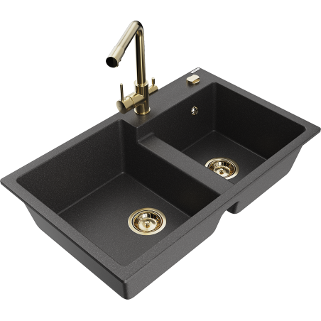Mexen Tomas fregadero de granito de 2 senos con grifo de cocina Duero, negro moteado - 6516-76-671600-50