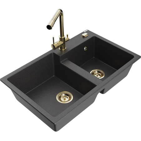 Mexen Tomas granite double-bowl sink with Duero kitchen tap, speckled black - 6516-76-671600-50