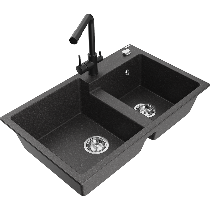 Mexen Tomas fregadero de granito de 2 cubetas con grifo de cocina Duero, negro moteado - 6516-76-671600-70
