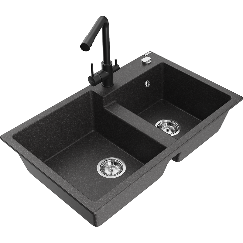 Mexen Tomas lava-loiça em granito de 2 cubas com torneira de cozinha Duero, preto salpicado - 6516-76-671600-70