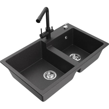 Mexen Tomas fregadero de granito de 2 cubetas con grifo de cocina Duero, negro moteado - 6516-76-671600-70