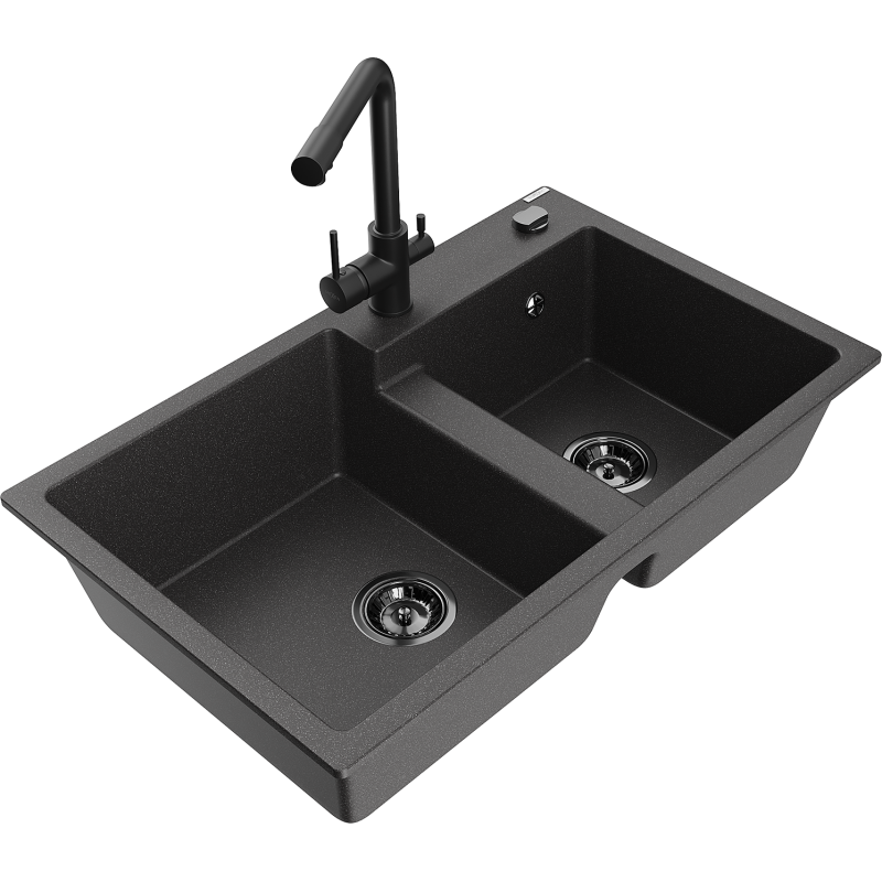 Mexen Tomas fregadero de cocina de granito de 2 cuencas con grifo de cocina Duero, negro moteado - 6516-76-671600-70-B