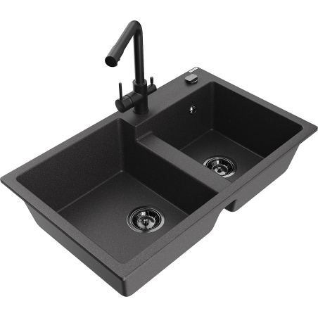 Mexen Tomas granite sink 2-bowl with Duero kitchen tap, black speckled - 6516-76-671600-70-B