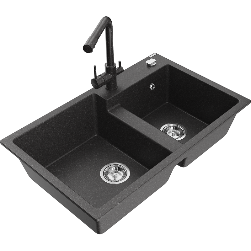 Mexen Tomas fregadero de granito de 2 senos con grifo de cocina Duero, negro moteado - 6516-76-671600-76
