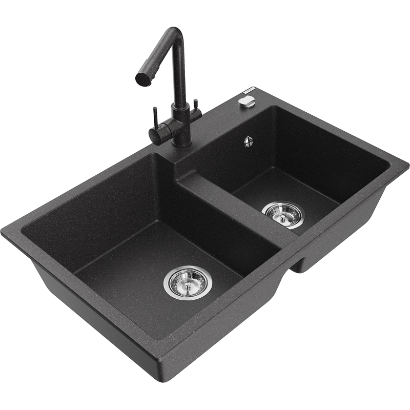 Mexen Tomas granitno pomivalno korito z 2 predaloma z kuhinjsko pipo Duero, črno z lisicami - 6516-76-671600-76