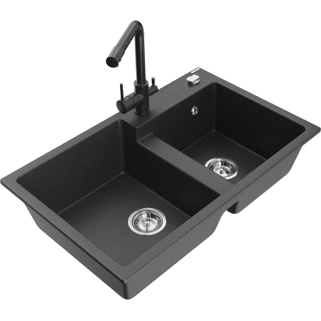 Mexen Tomas fregadero de granito de 2 senos con grifo de cocina Duero, negro moteado - 6516-76-671600-76