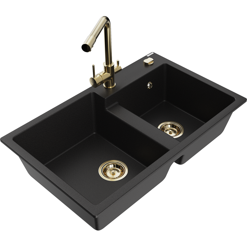 Mexen Tomas fregadero de granito de 2 compartimentos con grifo de cocina Duero, negro - 6516-77-671600-50