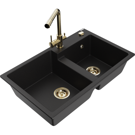 Mexen Tomas fregadero de granito de 2 senos con grifo de cocina Duero, negro - 6516-77-671600-50