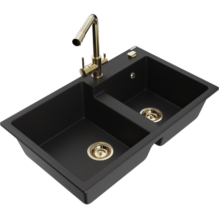 Mexen Tomas granite sink 2-bowl with Duero kitchen tap, black - 6516-77-671600-50