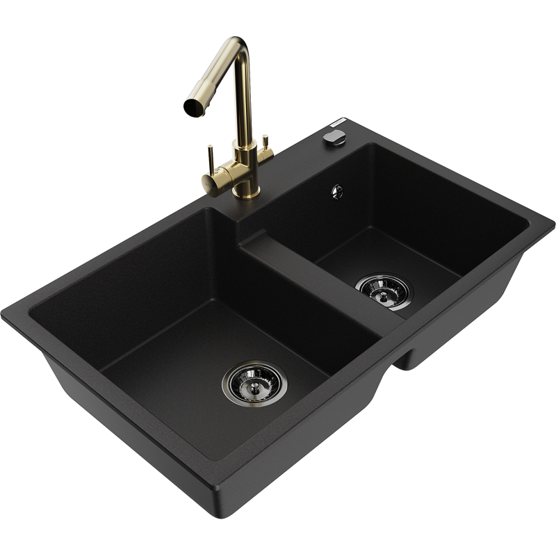 Mexen Tomas fregadero de granito de 2 senos con grifo de cocina Duero, negro - 6516-77-671600-50-B