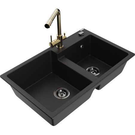 Mexen Tomas fregadero de granito de 2 compartimentos con grifo de cocina Duero, negro - 6516-77-671600-50-B