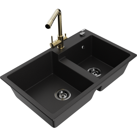 Mexen Tomas Granitspüle 2-Kammern mit Küchenarmatur Duero, schwarz - 6516-77-671600-50-B