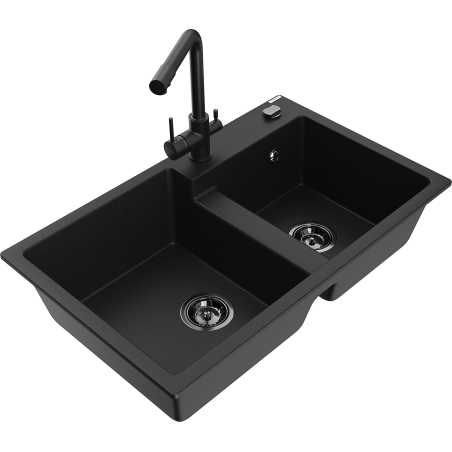 Mexen Tomas fregadero de granito de 2 senos con grifo de cocina Duero, negro - 6516-77-671600-70-B