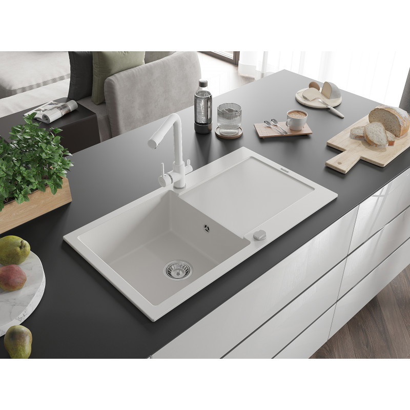Mexen Leo fregadero de granito de 1 tina con escurridor y grifo de cocina Duero, blanco - 6501-20-671600-20