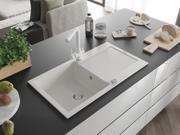 Mexen Leo fregadero de granito de 1 cubeta con escurridor y grifo de cocina Duero, blanco - 6501-20-671600-20