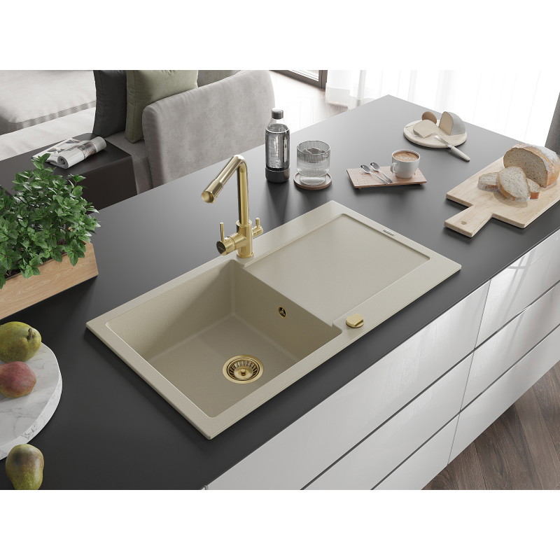 Mexen Leo évier en granit à 1 bac avec égouttoir et robinet de cuisine Duero, beige - 6501-69-671600-50