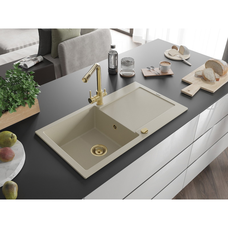 Mexen Leo fregadero de granito de 1 cubeta con escurridor y grifo de cocina Duero, beige - 6501-69-671600-50
