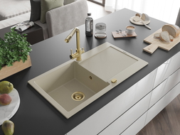 Mexen Leo Granitspüle 1-Becken mit Abtropffläche und Küchenarmatur Duero, beige- 6501-69-671600-50