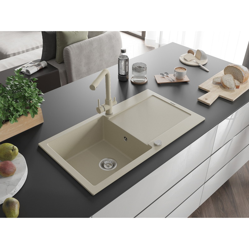 Mexen Leo fregadero de granito de 1 seno con escurridor y grifo de cocina Duero, beige - 6501-69-671600-69
