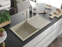 Mexen Leo granit gootsteen 1-komorige met afdruiprek en keukenkraan Duero, beige - 6501-69-671600-69