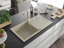 Mexen Leo Granitspüle 1-Becken mit Abtropffläche und Küchenarmatur Duero, beige- 6501-69-671600-69