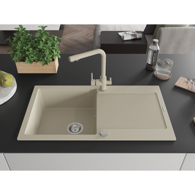 Mexen Leo granit gootsteen 1-komorige met afdruiprek en keukenkraan Duero, beige - 6501-69-671600-69