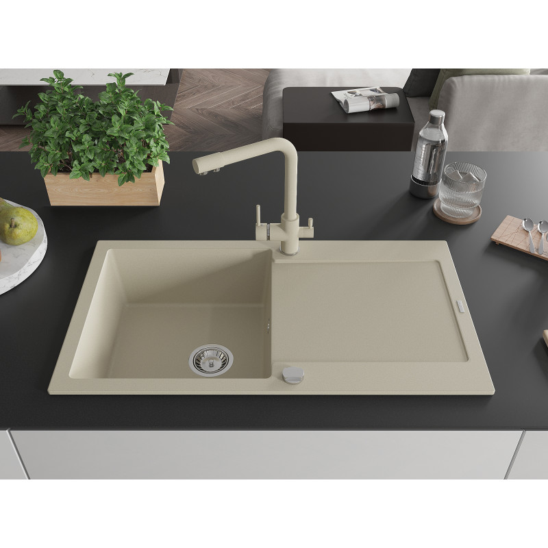 Mexen Leo granitische spoelbak met 1 kom met afdruiprek en keukenkraan Duero, beige - 6501-69-671600-69