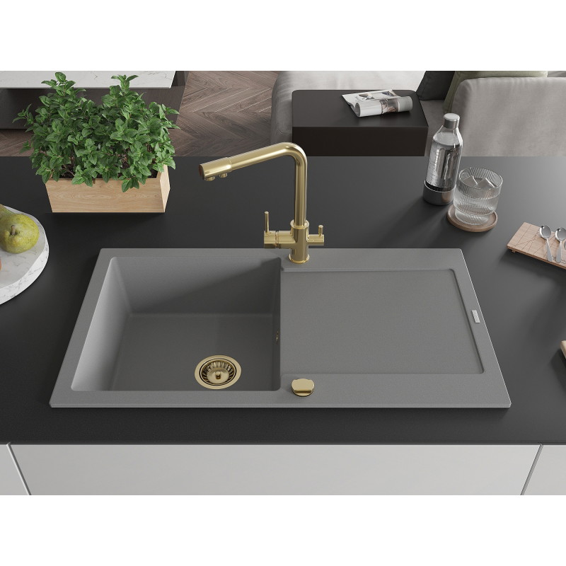 Mexen Leo fregadero de granito de 1 seno con escurridor y grifo de cocina Duero, gris - 6501-71-671600-50