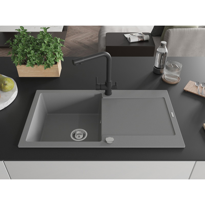 Mexen Leo fregadero de granito de 1 compartimento con escurridor y grifo de cocina Duero, gris - 6501-71-671600-70