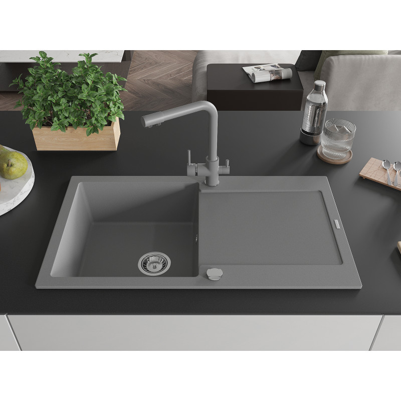 Mexen Leo Einbauspüle Granit 1-Becken mit Abtropffläche und Küchenarmatur Duero, grau - 6501-71-671600-71