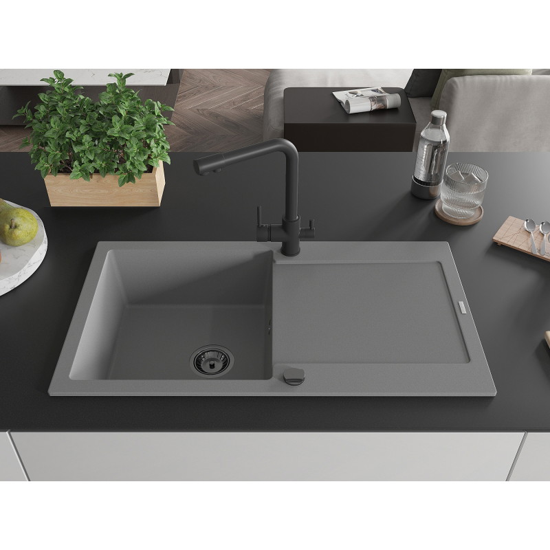 Mexen Leo fregadero de granito de 1 seno con escurridor y grifo de cocina Duero, gris - 6501-71-671600-70-B