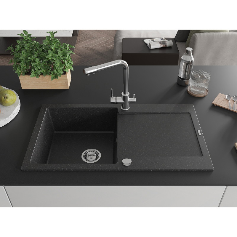 Mexen Leo granit gootsteen 1-komoors met afdruiprek en keukenmengkraan Duero, zwart/zilveren metallic - 6501-73-671600-00